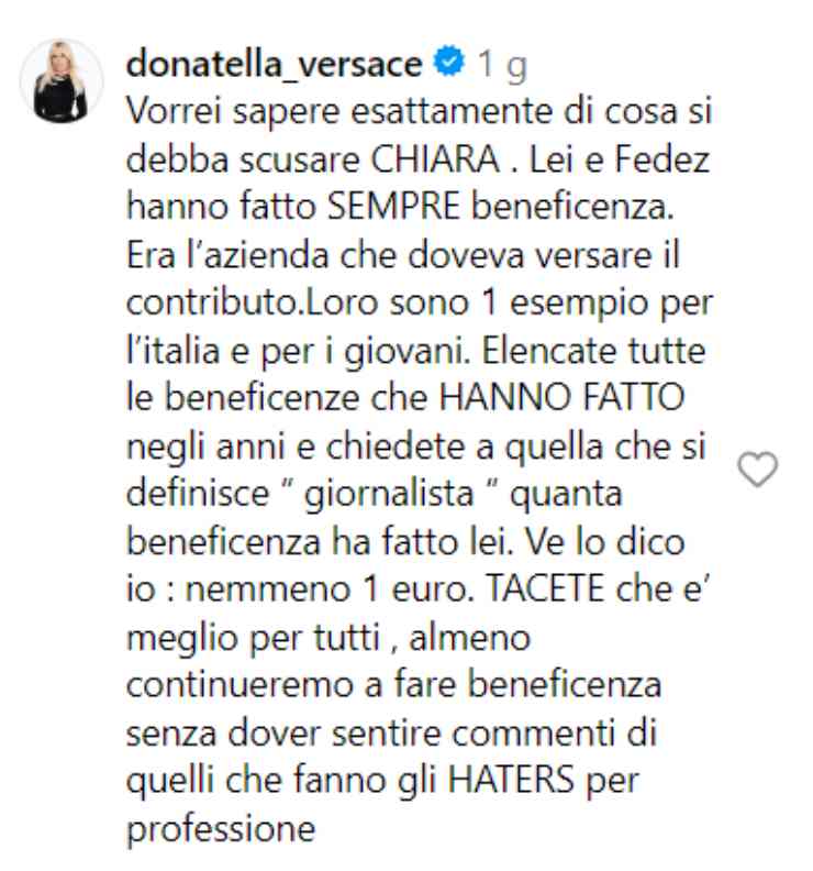 Chiara Ferragni, Donatella Versace la difende così