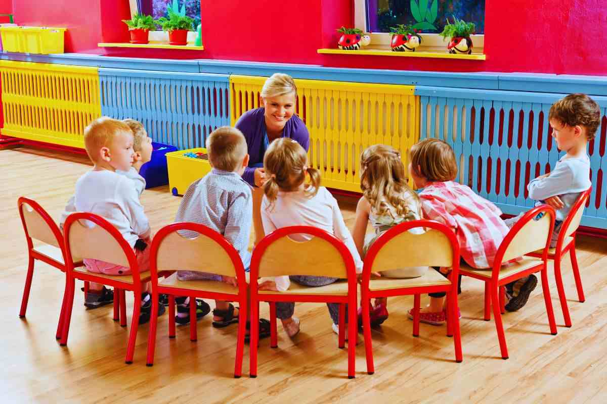 bambini seduti sulle sedie parlano con la maestra all'asilo